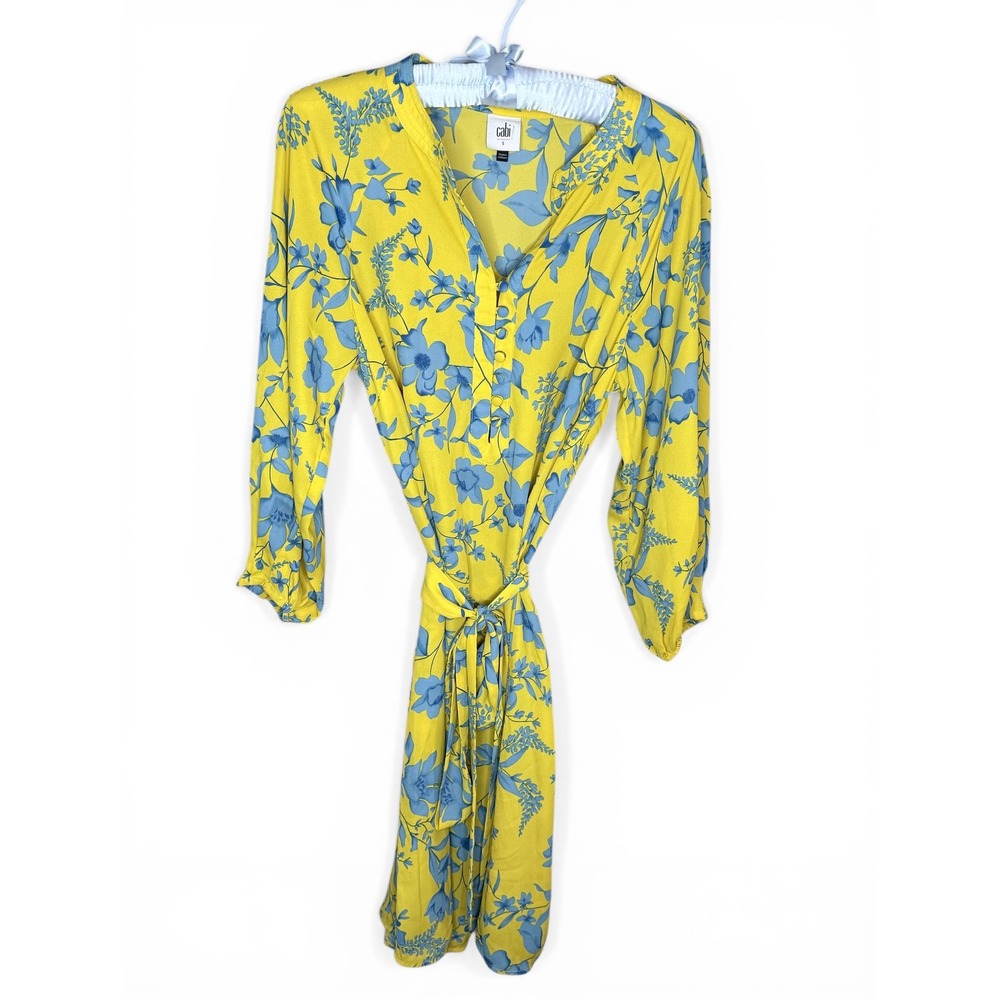 CAbi Yellow Blue Floral Button Front Tie Waist Midi Dress Womens Small